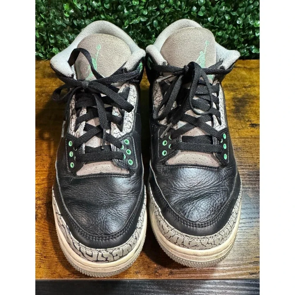 Air Jordan 3 Retro  Black/Green Glow- Wolf Grey Leather Sneakers, Sz. 11